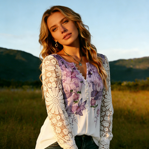 European Style Sexy <b>Lace</b> Long-<b>Sleeved</b> Plus Size Women's Floral Pattern Casual Button V-neck Loose Fit Blouse - Product Image 1