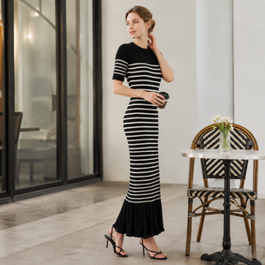 Vestido Maxi de Punto a Rayas para Mujer, Manga Corta, Cuello Redondo, Estilo Bodycon, Cintura Natural, Estilo Minimalista, para Todas las Temporadas - Product Image 3