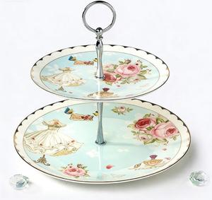 2 Katlı Vintage Çiçek Desenli Porselen Kek Standı, Altın Kaplama Doğum Günü Partisi veya Düğün İçin Pasta Sergi Standı - Product Image 1