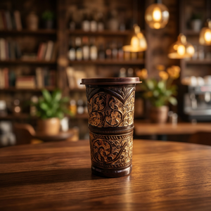 Vaso de Cobre Puro Tallado a Mano de Primera Calidad con Tapa, Diseño Ornamental Mughal Arabesco, Artículos de Bebida de Metal de Lujo - Product Image 1