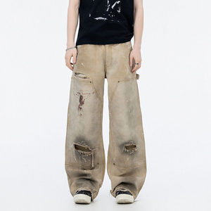 Jeans para <span class=keywords><strong>Hombre</strong></span> de Marcas de Moda con Acabados Desgastados y Diseños con Efecto de Tinta Pintada, Estilo Cabaña, Pantalones Rectos de Pierna Ancha - Product Image 1