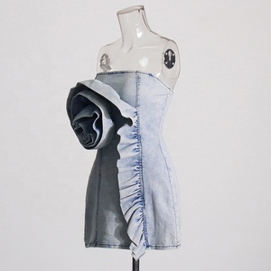 OUDINA-Vestido vaquero corto con cremallera plisada y volantes para mujer - Product Image 3
