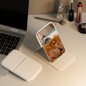 Máy Tính Để Bàn Trang Điểm Gương Rắn Màu PU Da Đơn Giản Xách Tay Cầm Tay Trang Điểm Gương Có Thể Gập Lại Sinh Viên Nhỏ Gọn Dễ Thương Túi Gương - Product Image 3