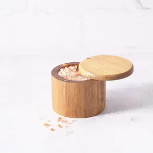 Woodsun Salero Caja de almacenamiento Caja de especias Tarro de sal de madera con tapa giratoria magnética