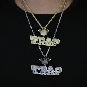 Iced Out Bling Micro Pave CZ Cubic Zircon Letter TRAP Colgante Collares con cadena de cuerda Joyería de hip hop - Product Image 6