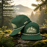 Casquette de golf unisexe réglable à 5 panneaux, perforée au laser, brodée sur mesure, avec patch en caoutchouc motif Forêt Montagne Arbre
