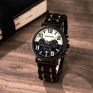 Noir Sandal Bois Montre Quartz <span class=keywords><strong>Chrono</strong></span> Hommes Montre-Bracelet Multifonctionnel Chronomètre - Product Image 2