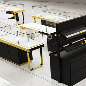 Vitrine d'<span class=keywords><strong>exposition</strong></span> pour bijoux, meuble d'<span class=keywords><strong>exposition</strong></span> de luxe noir et or avec vitre en verre pour boutique de joaillerie - Product Image 1