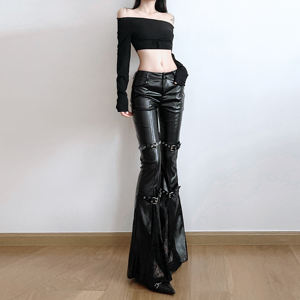 Pantalones de Mujer de Piel Sintética con Corte Acampanado, Cintura Baja, Hebilla de Cinturón, Adorno de Encaje, Estilo Casual y Urbano - Product Image 4