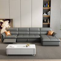 Canapé-lit sectionnel moderne en cuir trois places avec chaise longue, design en L, cadre en bois, repose-pieds à mouvement coulissant et télécommande