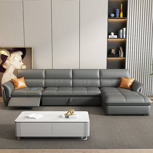 <span class=keywords><strong>Canapé</strong></span>-lit sectionnel moderne en cuir trois places avec chaise longue, design en L, cadre en bois, repose-pieds à mouvement coulissant et télécommande - Product Image 2