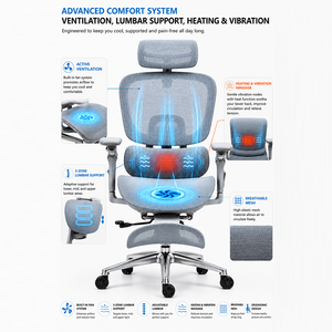 <span class=keywords><strong>Chaise</strong></span> ergonomique avec dossier réglable verticalement, accoudoirs 6D, entièrement en mesh gris, soutien lombaire avec massage et chauffage, siège ventilé - Product Image 2