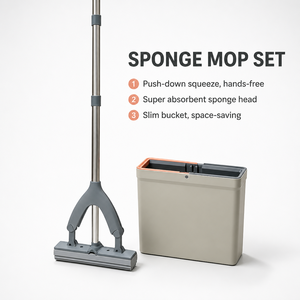 Juego <span class=keywords><strong>de</strong></span> Mopa con Esponja, Sistema <span class=keywords><strong>de</strong></span> Presión para Exprimir sin Usar las Manos, Cabezal <span class=keywords><strong>de</strong></span> Esponja Súper Absorbente, Mango Telescópico <span class=keywords><strong>de</strong></span> Acero Inoxidable, Cubeta Delgada - Product Image 1