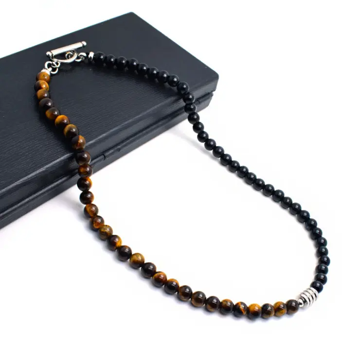 18inch 2 colors natural beads with stainless steel chain tiger eye necklace