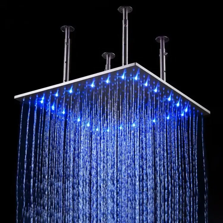Yüksek basınç (20 inç) yağış duş başlığı ışık 304 paslanmaz çelik kare duş başlığı led ayarlanabilir sabit çubuk