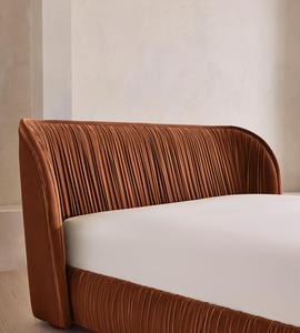 Custom Pleated Velvet Upholstered <b>Bed</b> Frame, Curved Low Profile Platform <b>Bed</b> with Round Wooden Feet <b>for</b> Bedroom - Product Image 5