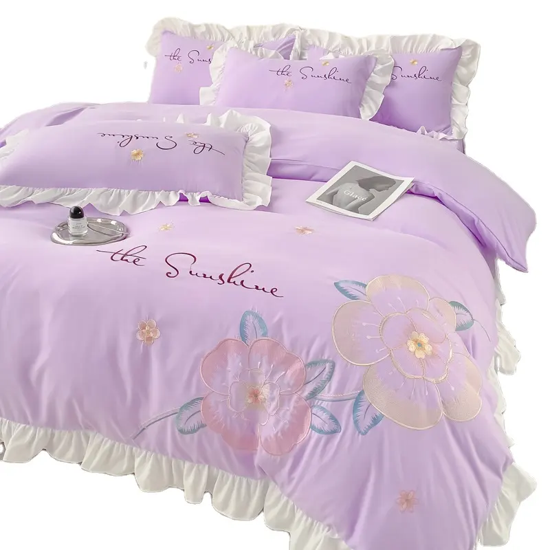 Juegos de sábanas personalizados de alta calidad, Sábana plana con bordado de flores, juegos de cama de 6 colores