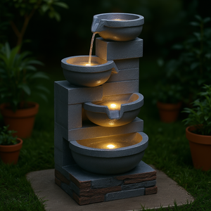Fontaine d'eau extérieure de 30 pouces de haut en résine grise, à 4 niveaux en cascade avec lumières LED pour la décoration de jardin et de patio - Product Image 2