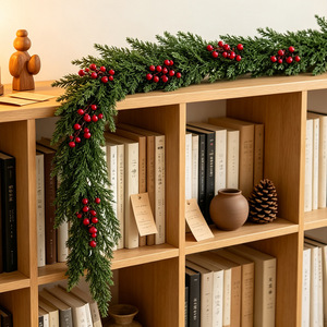 Brocade Flower Christmas Garland 48 <b>Branches</b> Red Berries Led <b>Lights</b> Staircase Decoration - Product Image 2