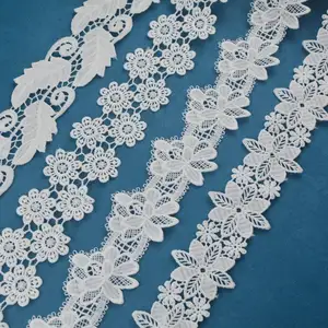 Tela de encaje bordado de gama alta tela de poliéster tejida elástica de encaje de flores blancas para boda