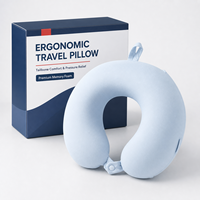 Coussin de voyage ergonomique en mousse à mémoire de forme pour le cou, motif avion bleu, avec étui de transport compact et rond