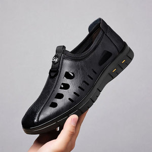 รองเท้าแตะหนังแท้สำหรับผู้ชาย, ใหม่รองเท้าแตะระบายอากาศน้ำหนักเบากลางแจ้งพร้อมพื้นรองเท้ายางนุ่มปิดแบบสวมด้านนอก - Product Image 5