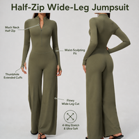Combinaison de yoga une pièce pour femme avec logo personnalisé, col montant semi-zippé, manches longues avec trous pour les pouces, taille haute, pantalon large, vêtements de sport