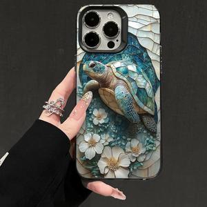 Coque de téléphone en verre teinté avec <span class=keywords><strong>tortue</strong></span> marine et fleurs pour iPhone 16/15/14/13/12 Pro Max, coque antichoc en TPU, esthétique océanique, bohème - Product Image 1