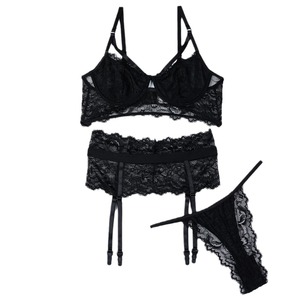 Lencería Sexy de Encaje Bordado para Mujer, Estilo Europeo y Americano, Color Negro, Transparente, Conjunto de Tres Piezas - Product Image 6