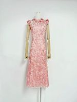 Robe mi-longue en maille à appliques florales A12714, sans manches, style sirène, pour mariage ou soirée