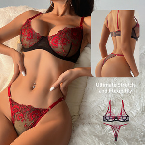 Ensemble de soutien-gorge élégant en dentelle avec effet push-up, rouge et noir, lingerie féminine - Product Image 2