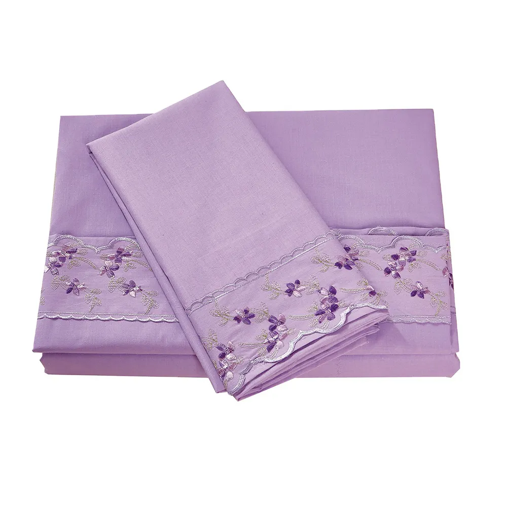 Nantong HOME purple embroidered bed sheet 100% cotton lace bedding sets