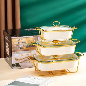 Plat de cuisson rectangulaire <span class=keywords><strong>en</strong></span> céramique à double poignée, vaisselle d'hôtel, réchaud à bougie de style nordique à bord doré - Product Image 1