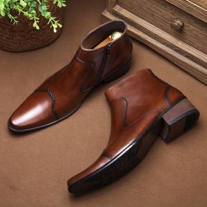 Black Ankle Pointed-Toe Men's Size 37-44 Genuine Leather Upper Waterproof High Quality Hook Loop Closure Winter Shoes Increasing - Product Image 1