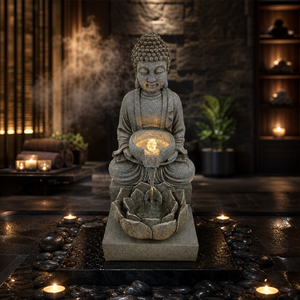 Fuente de Agua con Diseño de Buda y Loto en Resina, Cascada Decorativa con Luz LED para Interiores, Jardín o Patio - Product Image 1