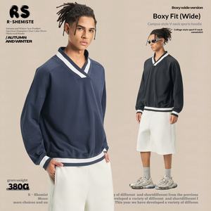 Pull ample à col en V pour homme, style British Academy, 380G, pur coton, automne, design contrasté, style Old Money - Product Image 3