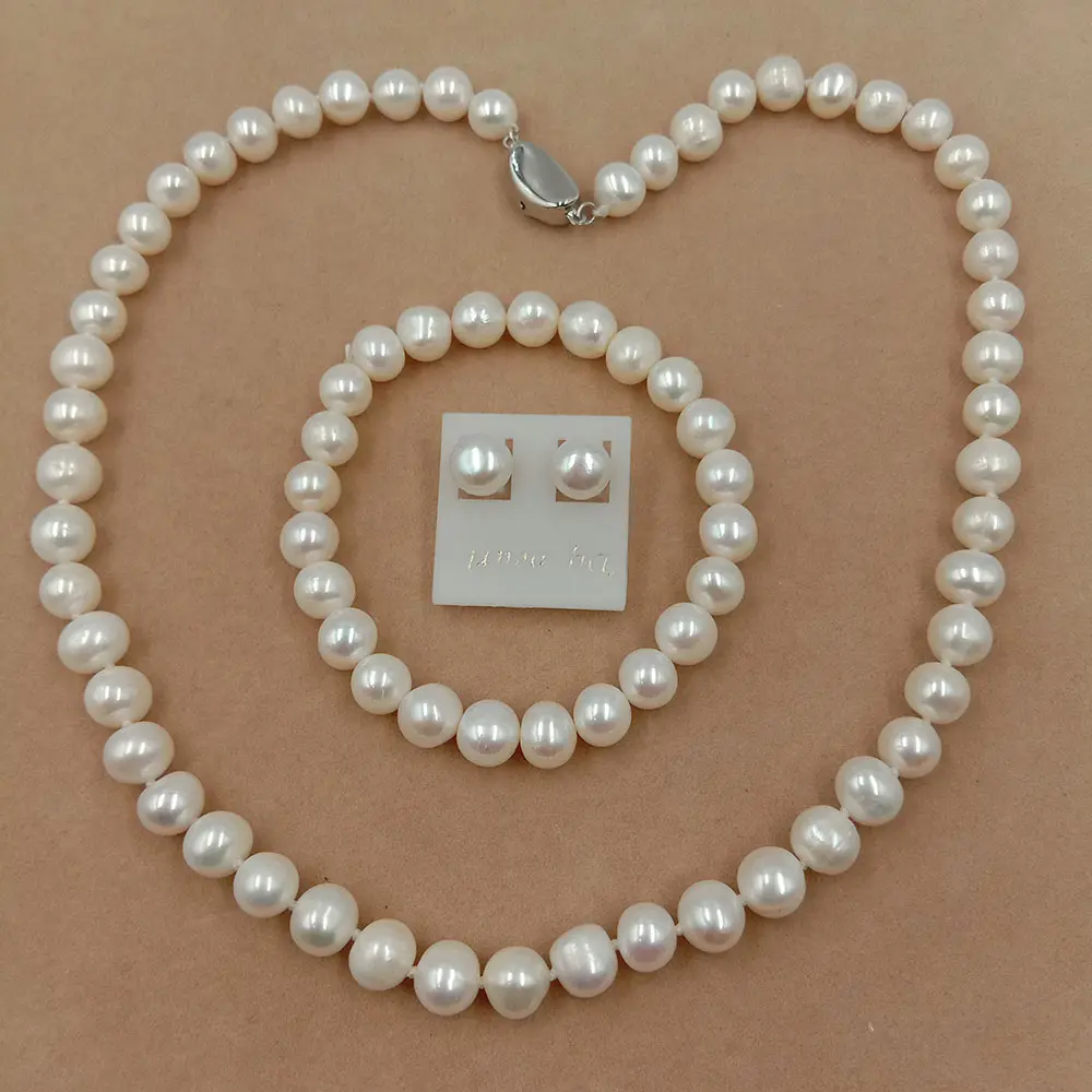Pendiente DE PLATA 925, conjunto de perlas de buen brillo, conjunto de joyas de perlas de agua dulce para boda, precio de fábrica, venta al por mayor, Perla de patata AA de 8 mm