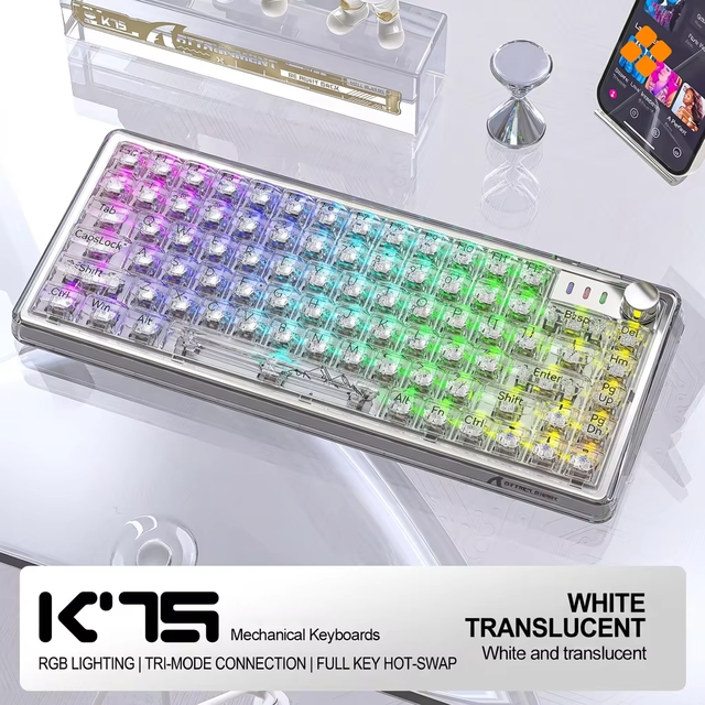 K75 RGB Wireless Mechanical Keyboard for Dual Mode Full Size USB-C PBT Keycaps Transparent Gasket Hot Desktop Gaming Keyboard