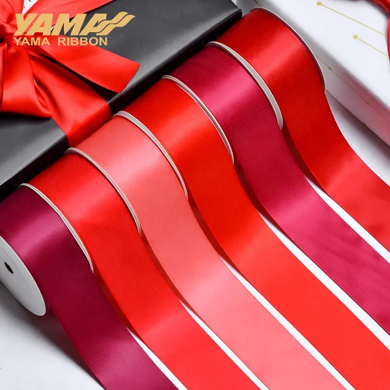 Yama ribbon 38mm width polyester red double face satin ribbon roll for gift wrapping