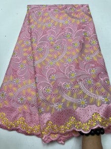 Algodón para encaje de voile, sarga, bordado floral curvo hueco, pedrería termoadhesiva, 5 yardas, vestido de novia nigeriano Aso Ebi para niñas - Product Image 5
