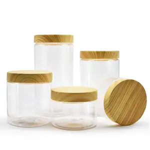 Wadah kosmetik mentega tubuh alami 150g 250g 500g toples krim plastik hewan peliharaan bening Amber buram dengan tutup bambu