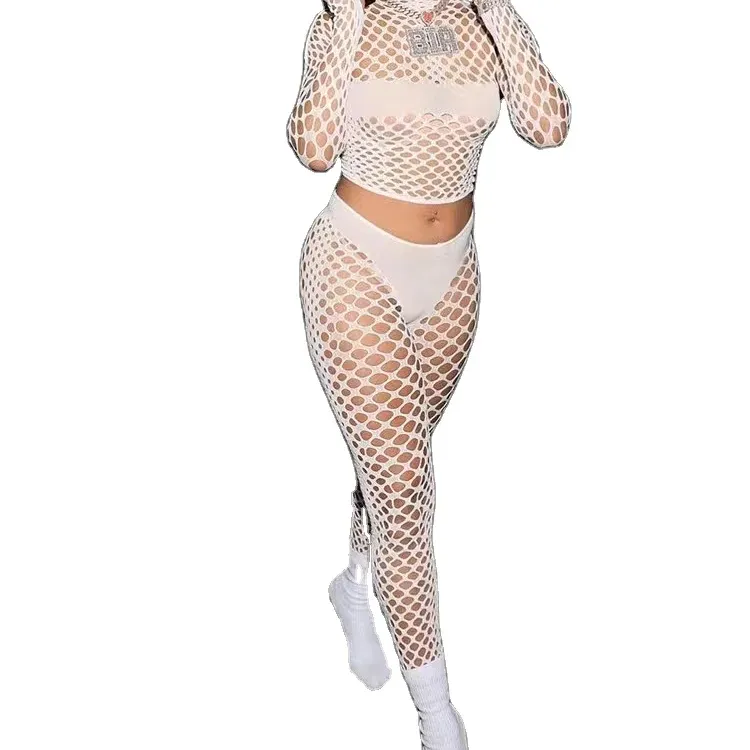 Nieuwe Off-Shoulder Zwarte Nylon Visnet Jurk Lingerie Bodystocking 3d Borduurwerk Kant & Gat Decoraties Beschikbaar L Maat