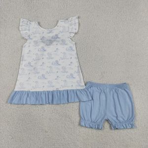 En stock Ensemble d'été pour bébés filles et enfants, hauts sans manches à nœuds et fleurs, shorts à volants - Product Image 3