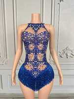 Combinaison de scène élastique sexy dos nu avec franges et strass, personnalisable, pour femme, bleue, haute qualité, pour la danse et les spectacles