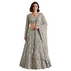 Women's Traditional Champagne Silver Butterfly Net Floor-Length Lehenga Choli Dupatta Banglori Silk Inner Embroidered <b>Wedding</b> - Product Image 1
