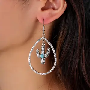 Barat antik unik Teardrop pirus anting kaktus perhiasan Cowgirl aksesoris untuk wanita