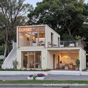 Cafetería moderna en contenedor con balcón y escaleras, diseño rectangular para uso comercial - Product Image 5