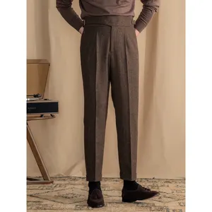 Pantaloni Casual in lana Vintage a spina di pesce pantaloni caldi a vita alta da uomo a gamba dritta