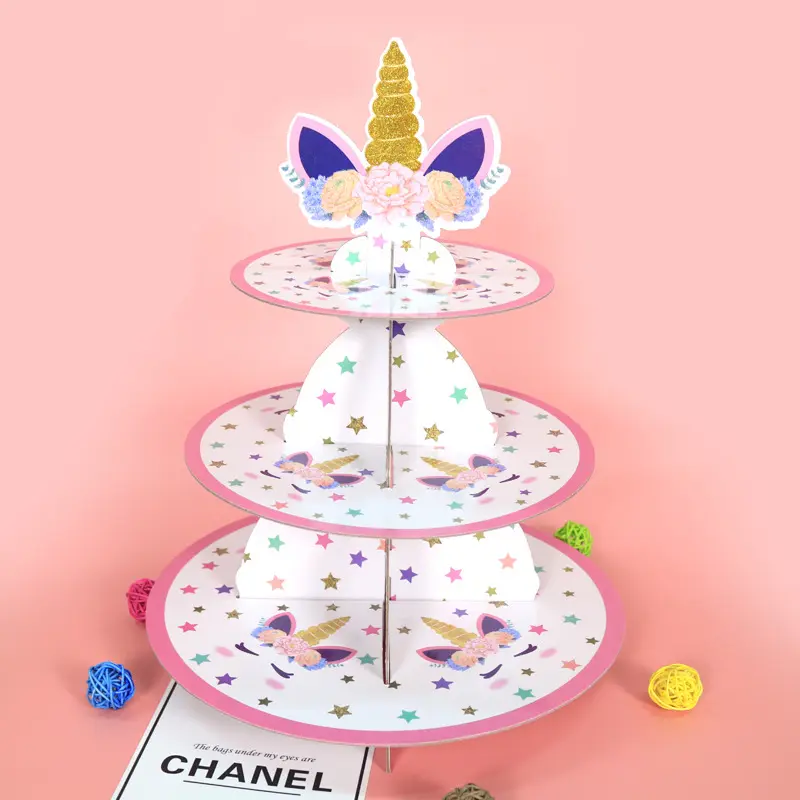 Nicro bébé fille enfants anniversaire décoration 3 niveaux licorne carton Mini gâteau Cupcake support Dessert tour support fête fournitures