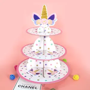 尼科女婴儿童生日装饰3层独角兽纸板迷你蛋糕纸杯蛋糕架甜点塔架派对用品